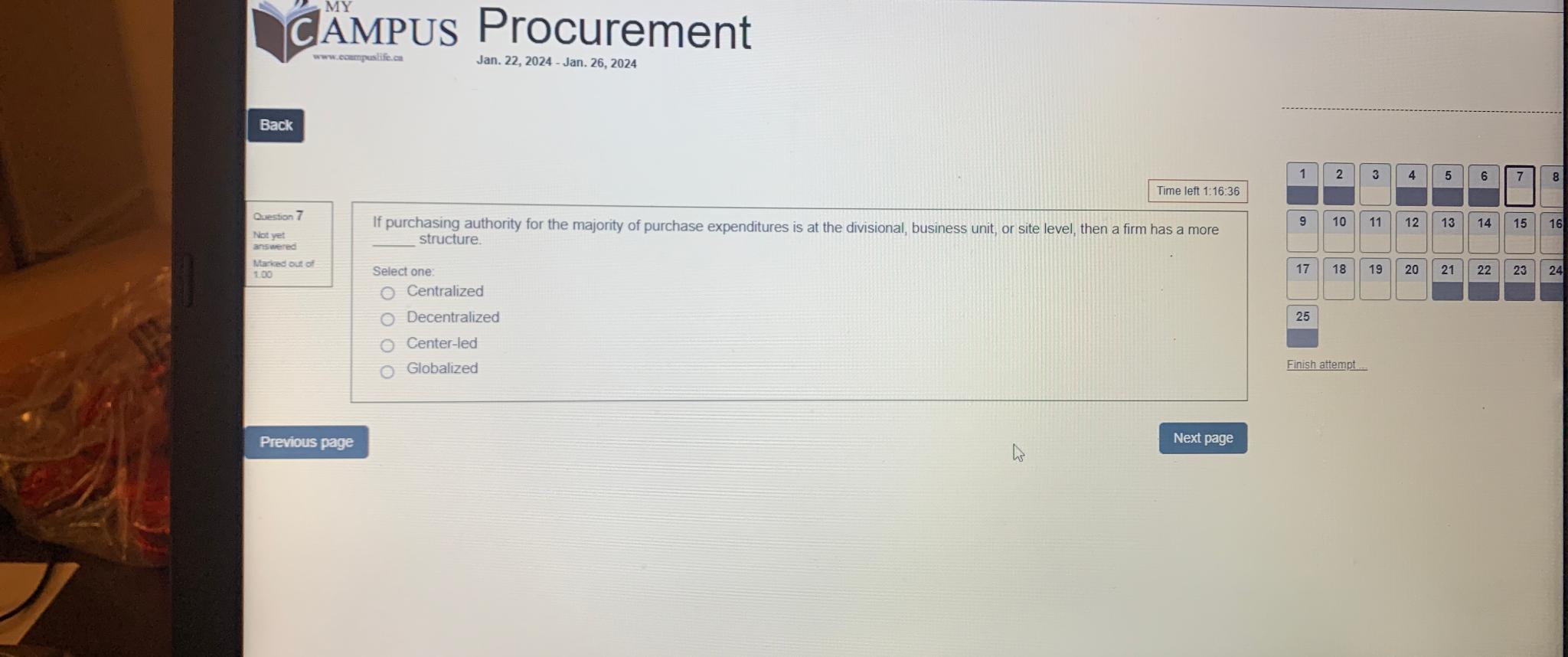  MY AMPUS Procurement Jan. 22,2024- Jan. 26,2024 Time left 1:16:36 Question