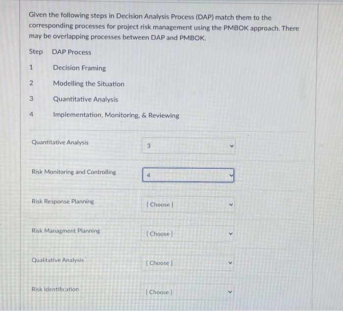  Given the following steps in Decision Analysis Process (DAP) match them