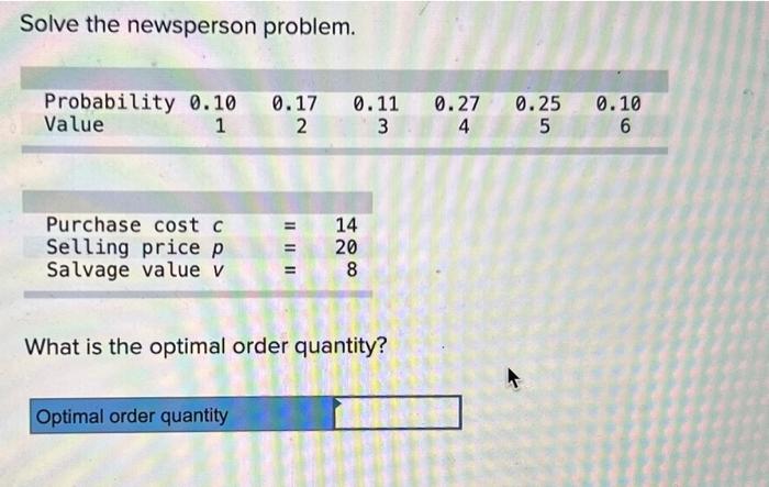 Solve the newsperson problem. Probability 0.10 Value 0.17 0.11 0.27 0.25 0.10