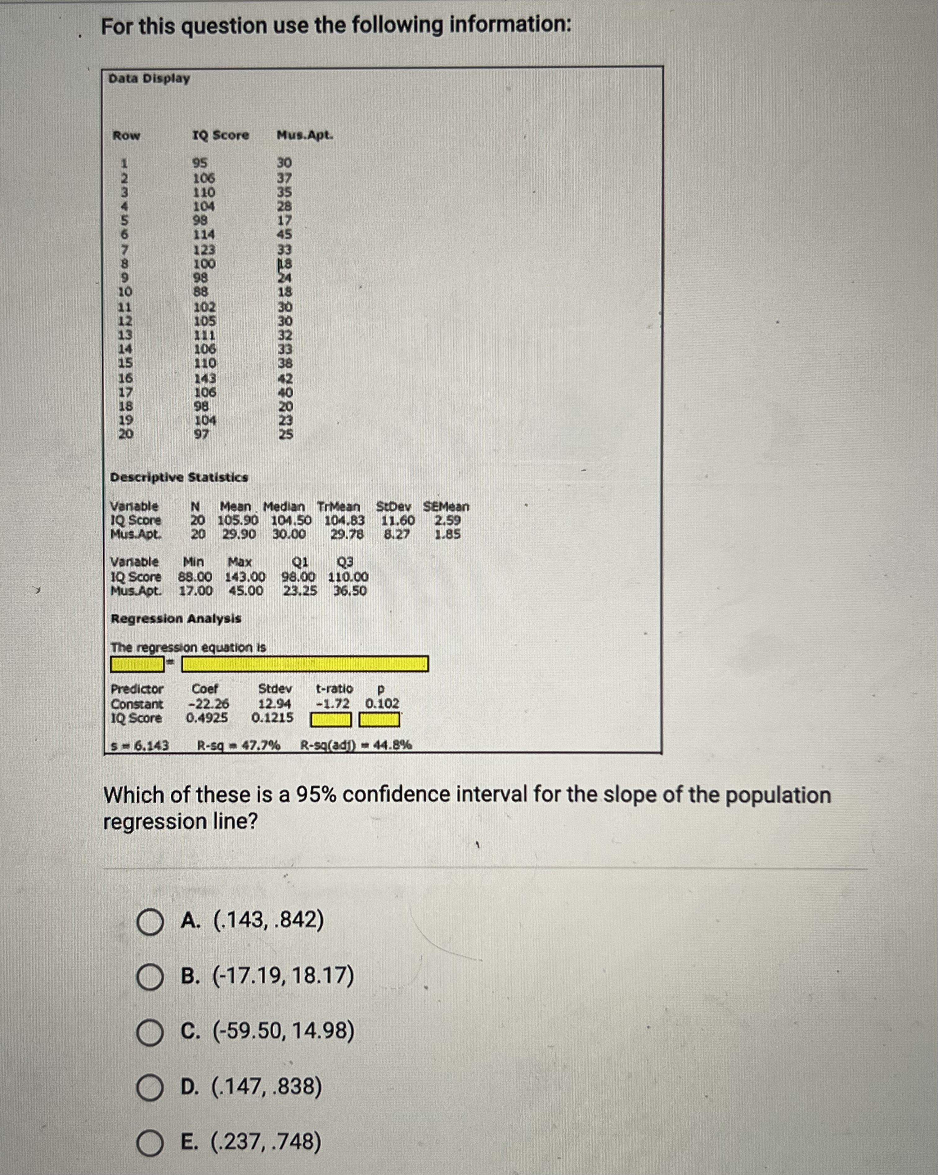 For this question use the following information: Data Display Row IQ