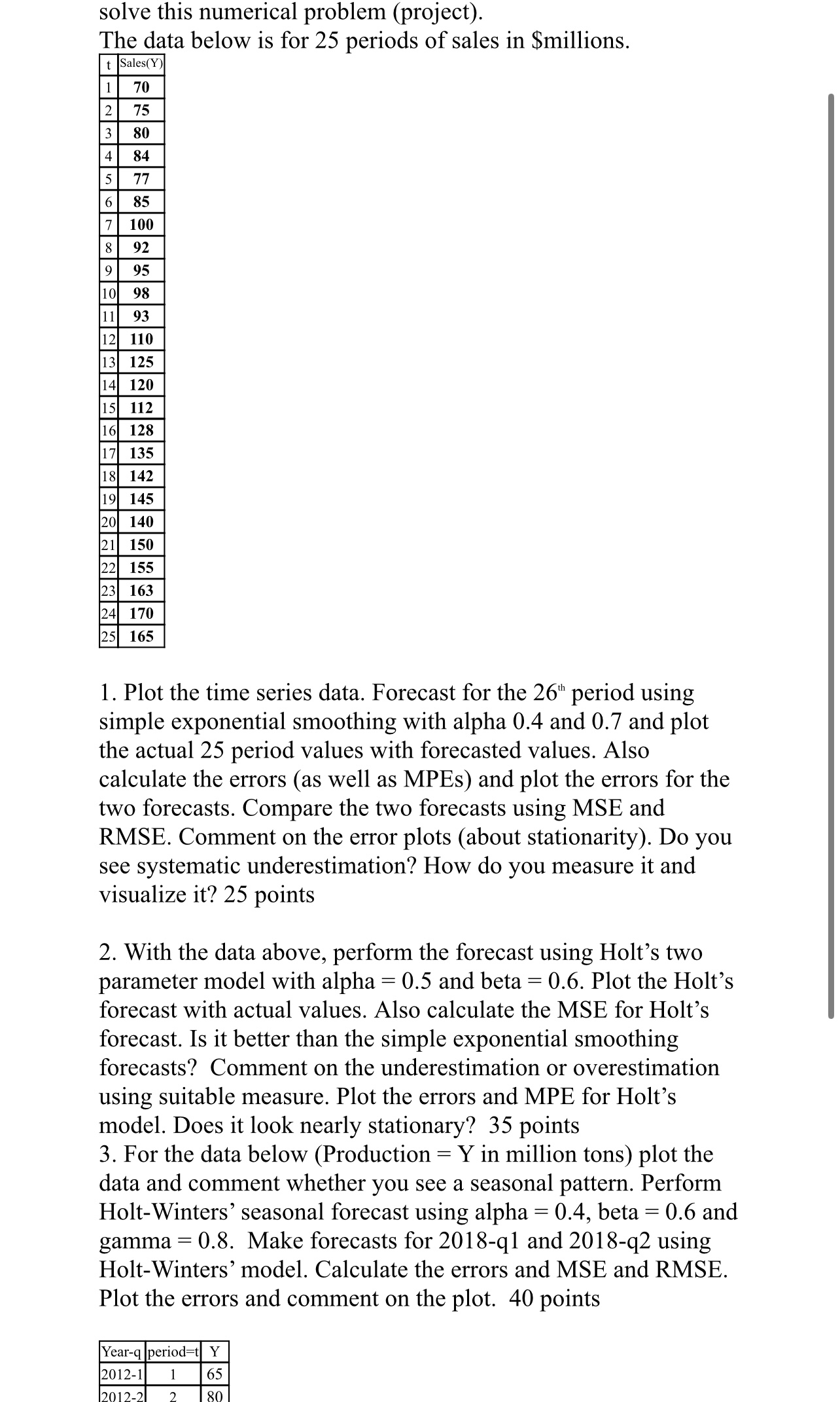 Questions: solve this numerical problem (project). The data below is for 25