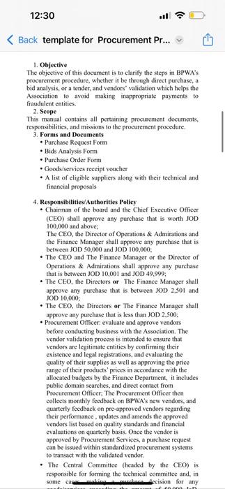 Create a full chart procedure for procurement policy to establish a