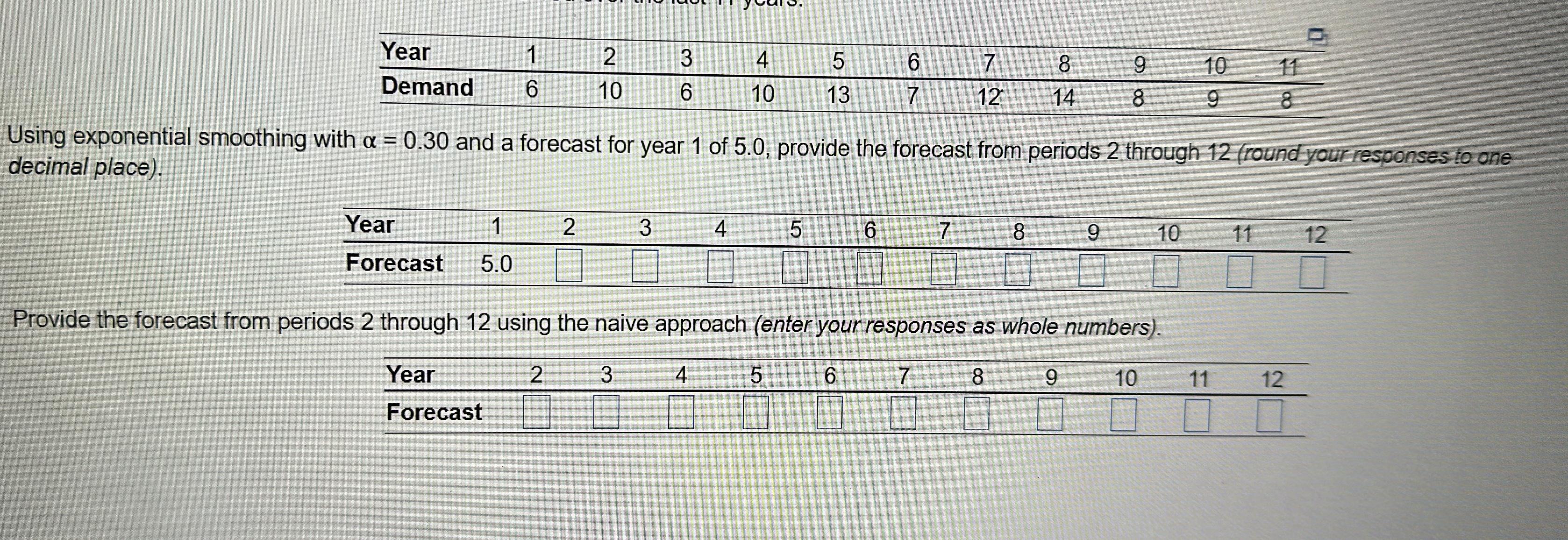  \table[[Year,1,2,3,4,5,6,7,8,9,10,11],[Demand,6,10,6,10,13,7,12,14,8,9,8]] Using exponential smoothing with =0.30 and a forecast for year