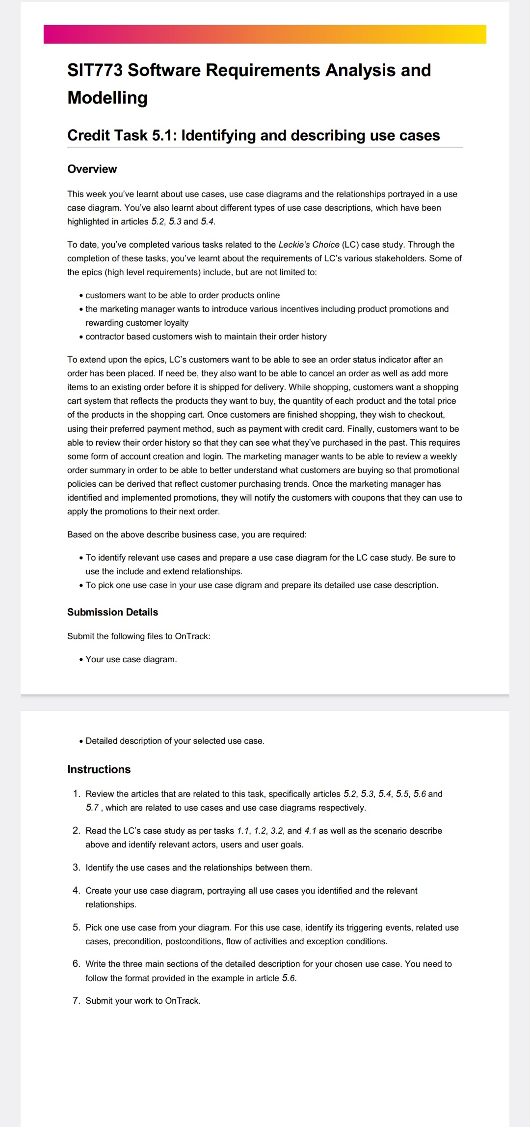  SIT773 Software Requirements Analysis and Modelling Credit Task 5.1: Identifying and