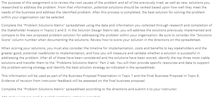 Transfer the data for columns A-G from your original Problem Solutions Matrix