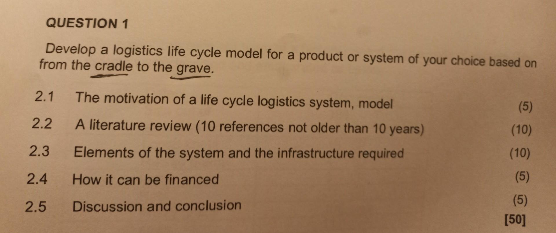 QUESTION 1 Develop a logistics life cycle model for a product