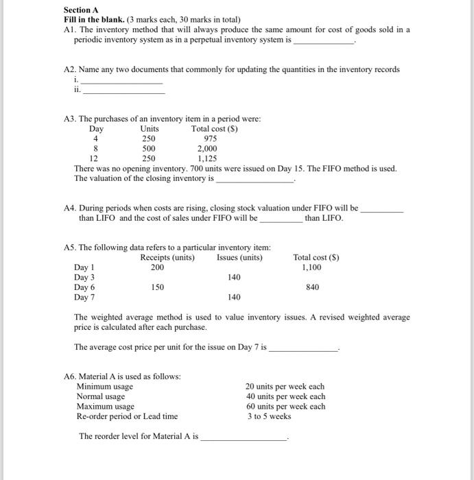  Section A Fill in the blank. ( 3 marks each, 30