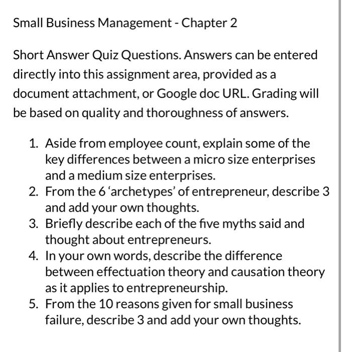  Small Business Management - Chapter 2 Short Answer Quiz Questions. Answers