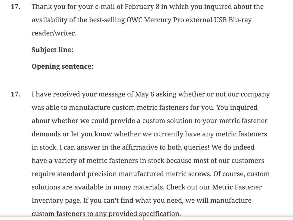 Subject Lines and Opening Sentences (L.O. 2) YOUR TASK. Revise the following
