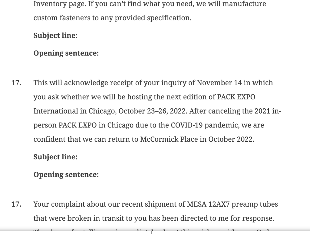 wordy openings for messages so that they are more direct and concise.