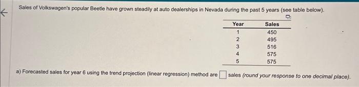  a)Forecasted sales for year 6 using the trend projection( linear regression)