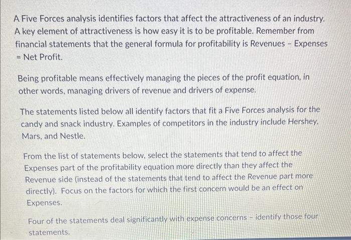  A Five Forces analysis identifies factors that affect the attractiveness of