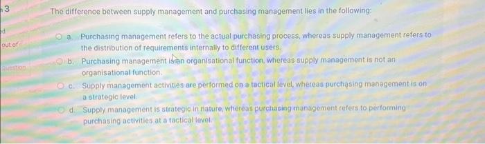  The difference between supply management and purchasing management lies in the