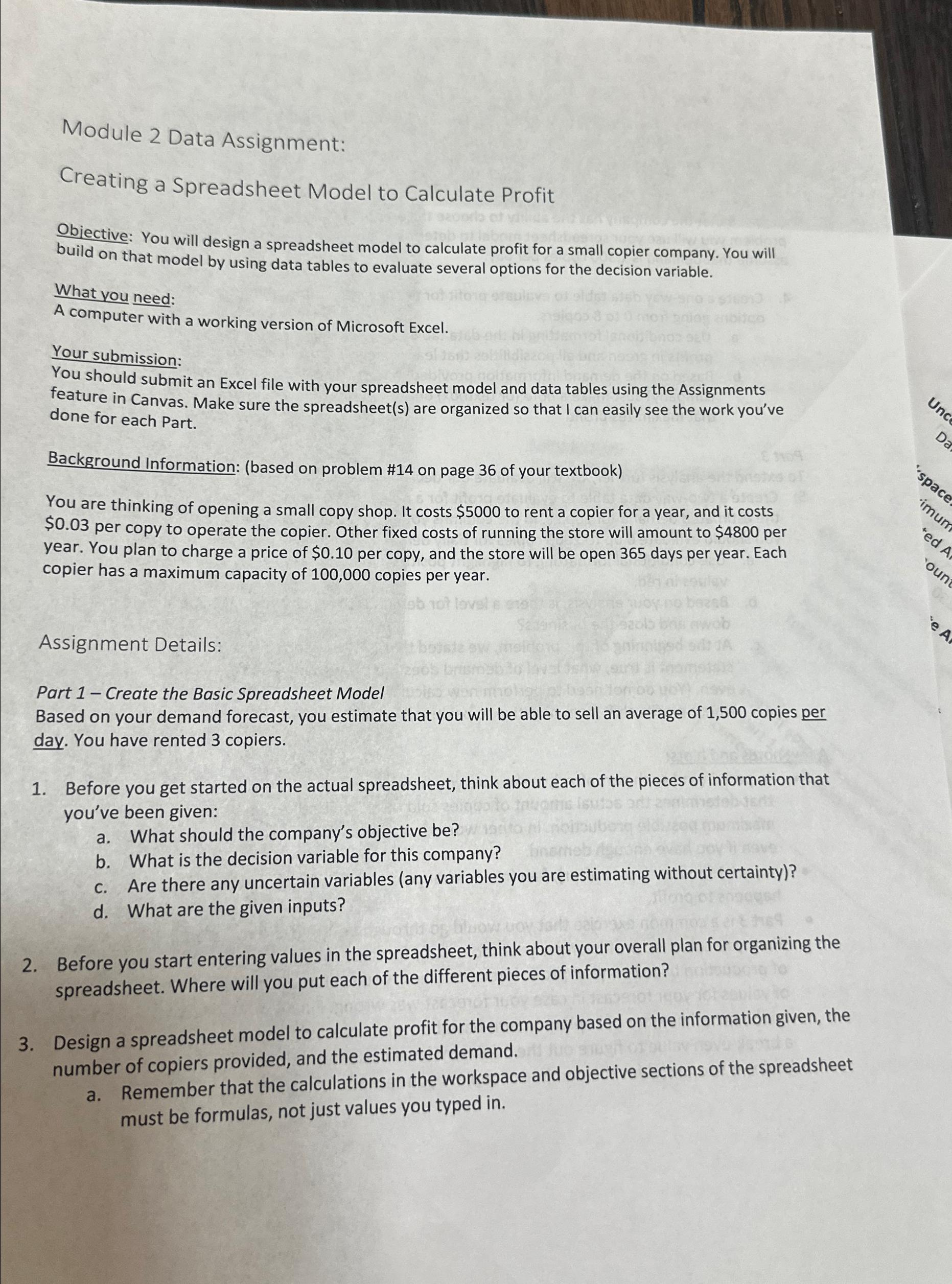  Module 2 Data Assignment: Creating a Spreadsheet Model to Calculate Profit