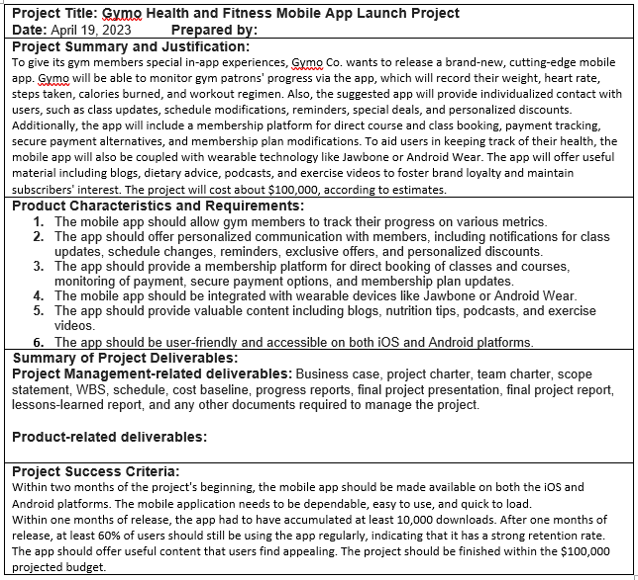  depending on the case study and the project charter below answer