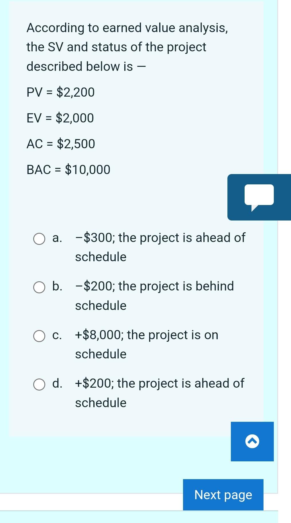 help asap According to earned value analysis, the SV and status