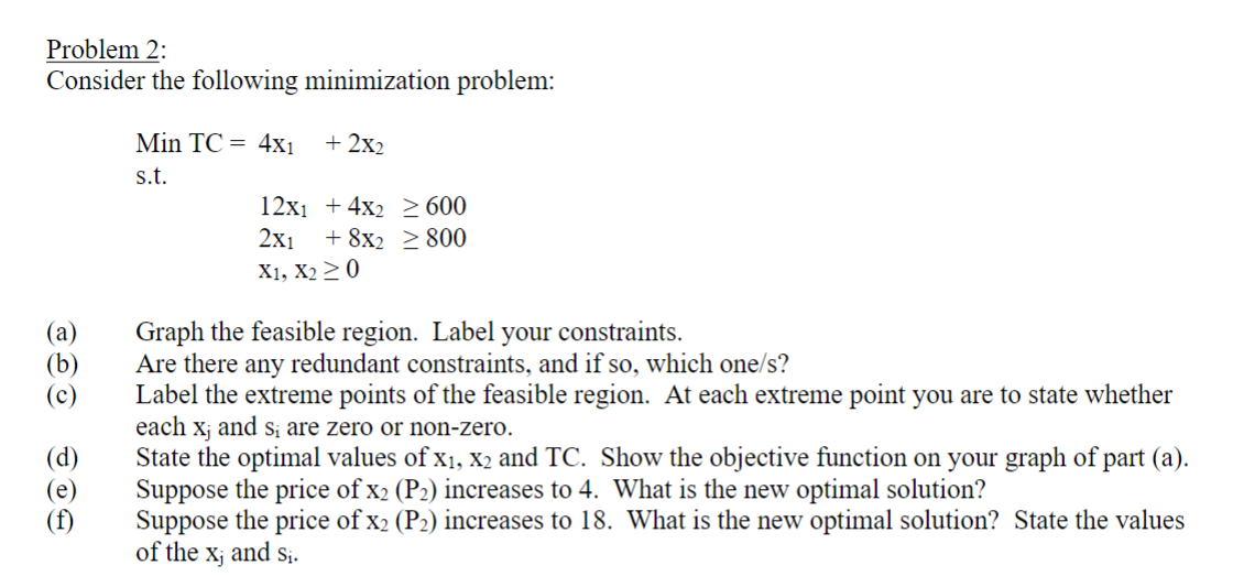  Problem 2: Consider the following minimization problem: Min TC=,4x1+2x2 s.t.12x1+4x2600 ,2x1+8x2800