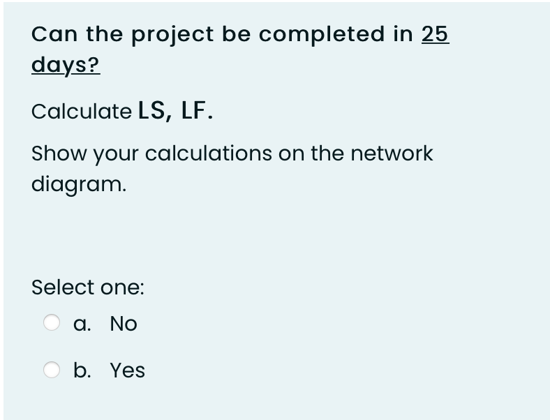LF. Show your calculations on the network diagram. Select one: a. No