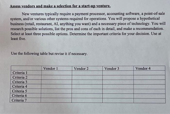  Assess vendors and make a selection for a start-up venture. New