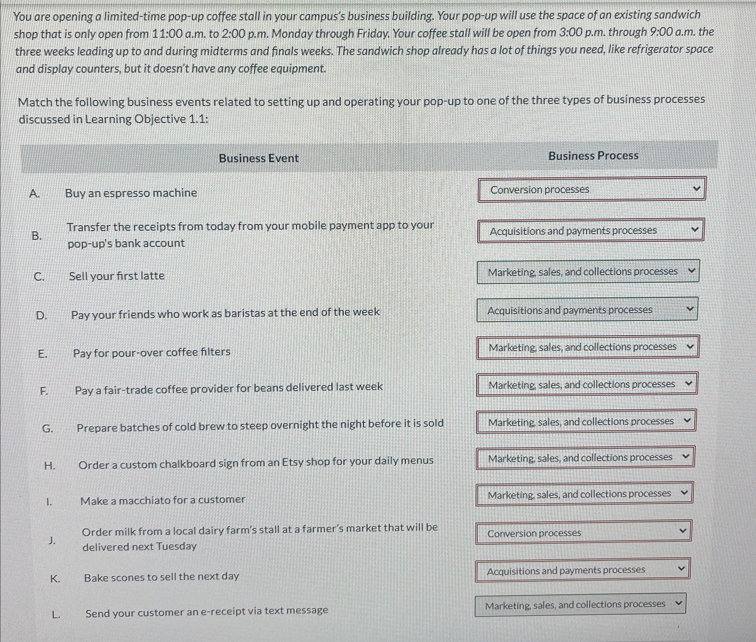  You are opening a limited-time pop-up coffee stall in your campus's