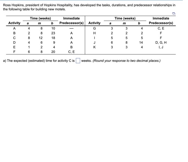  The expected (estimated) time for activity C is =? weeks. (Round