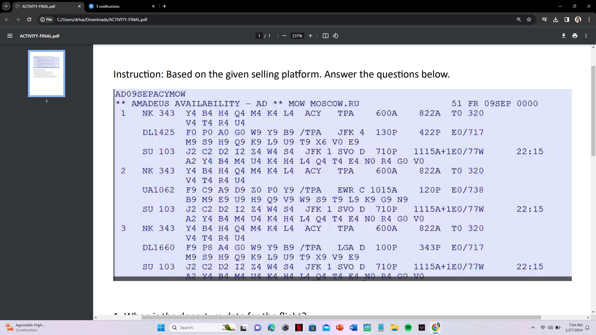  1. When is the departure date for the flight? 2. What