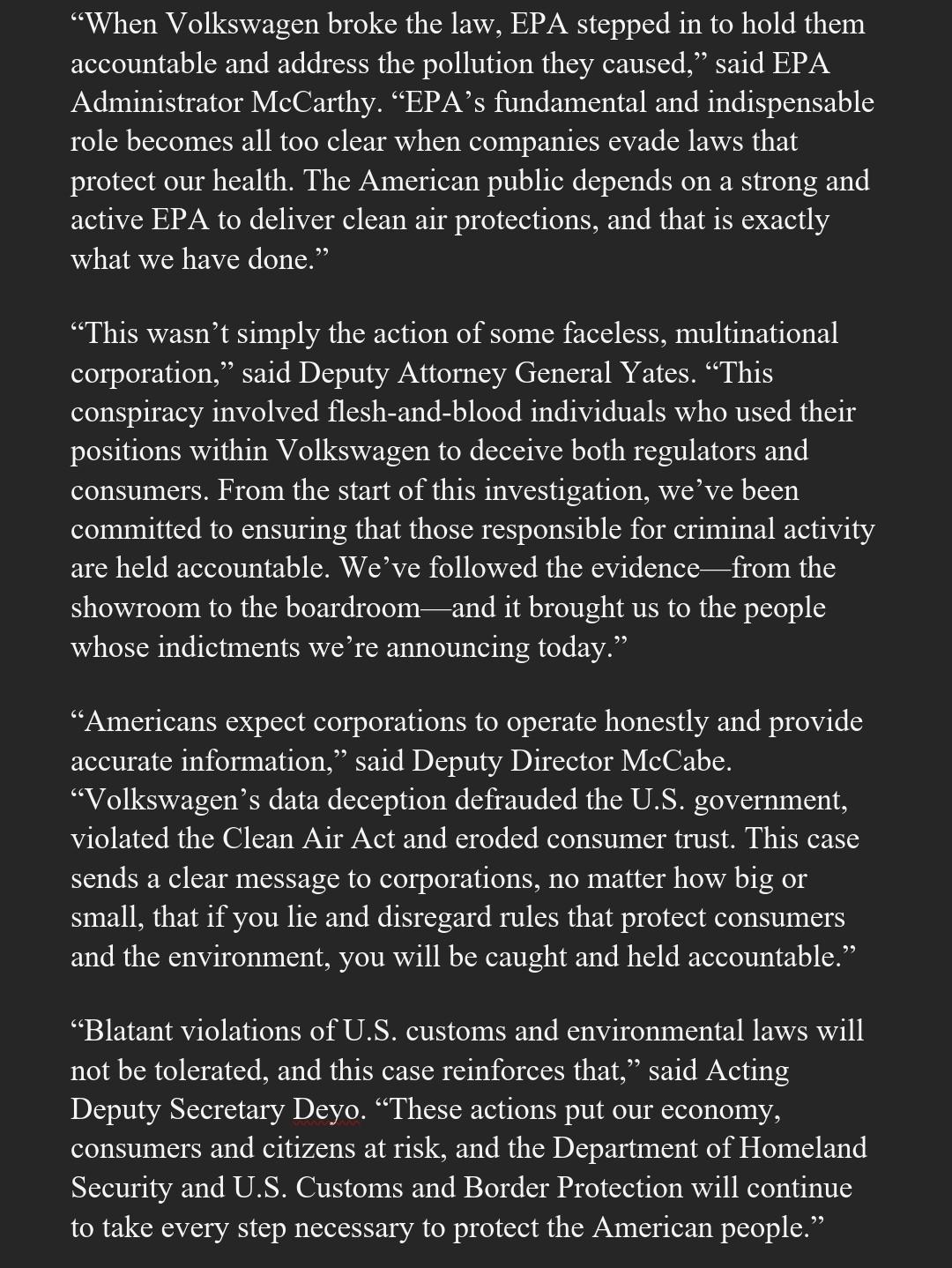 the case. "When Volkswagen broke the law, EPA stepped in to hold