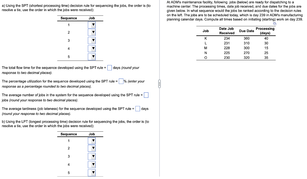  a) Using the SPT (shortest processing time) decision rule for sequencing
