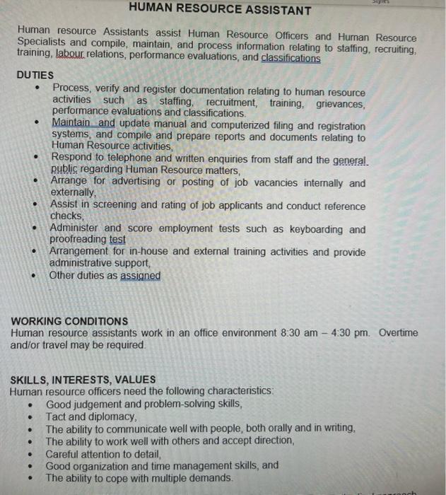job description for the position of Human Resource Assistant (page 7). Cour