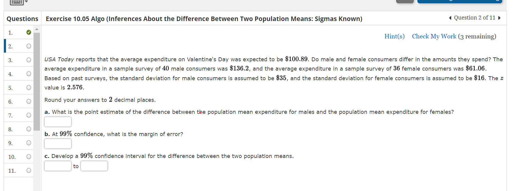 Questions Exercise 10.05 Algo (Inferences About the Difference Between Two Population