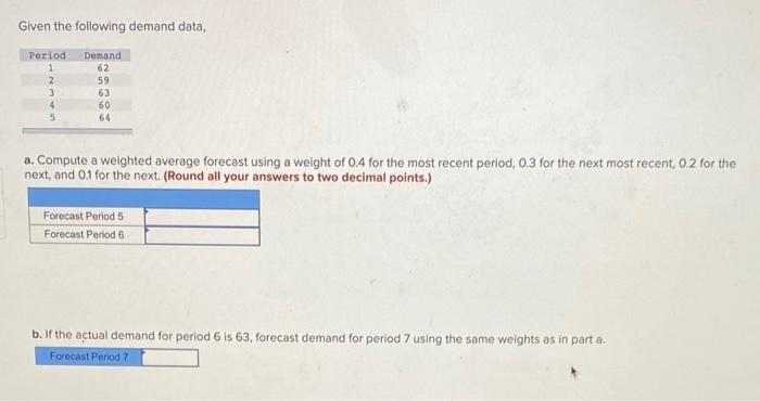  Given the following demand data, a. Compute a weighted average forecast