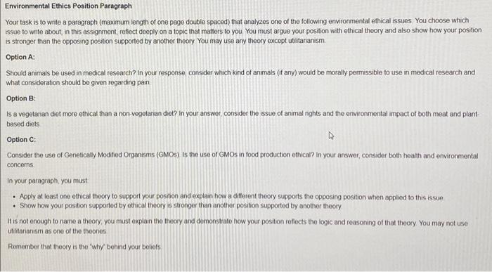  Environmental Ethics Position Paragraph Your task is to wnte a paragraph