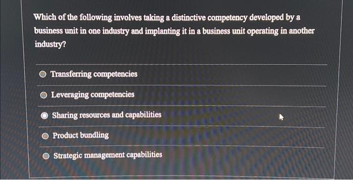  Which of the following involves taking a distinctive competency developed by