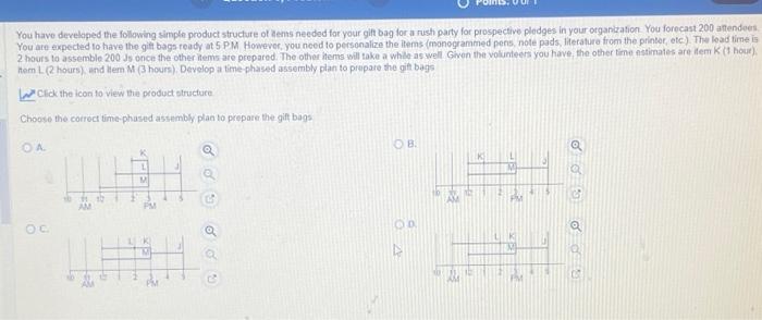 choose the correct time-phased assembly plan to prepare the gift bags. You