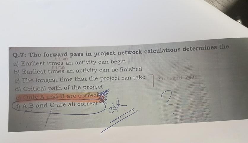  Q.7: The forward pass in project network calculations determines the a)