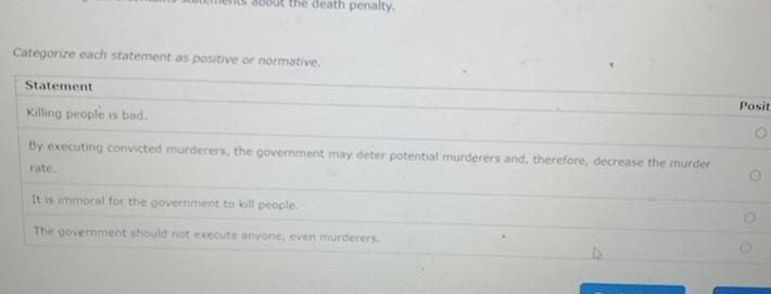  Categorize each statement as postrve or normative. Statement Killing people is