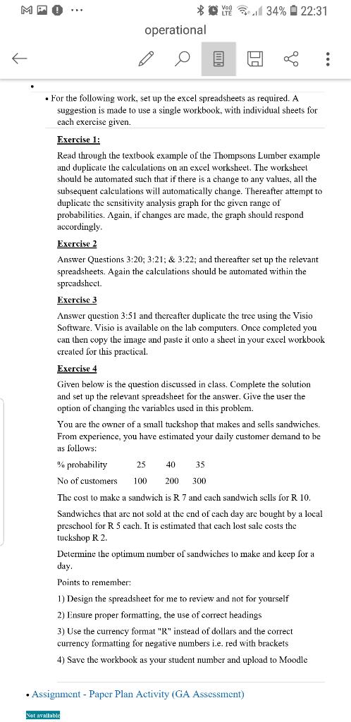  - For the following work, set up the excel spreadsheets as