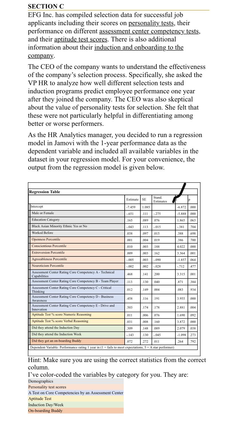  SECTION C EFG Inc. has compiled selection data for successful job