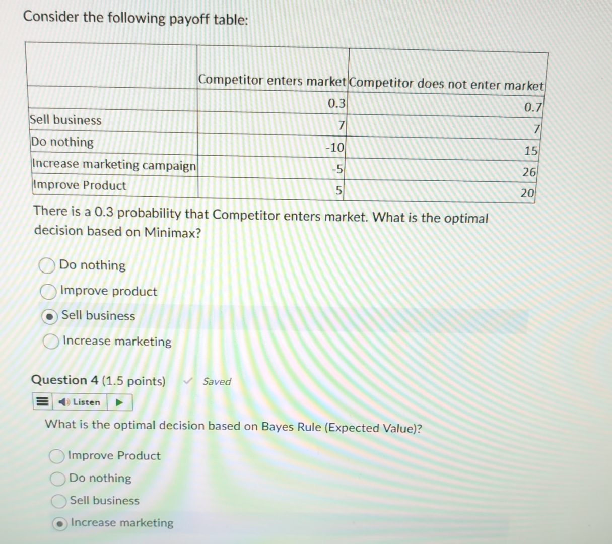  Consider the following payoff table: \table[[,,],[,Competitor enters market,Competitor does not enter