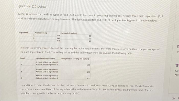  Question (25 points) A chef is famous for the three types