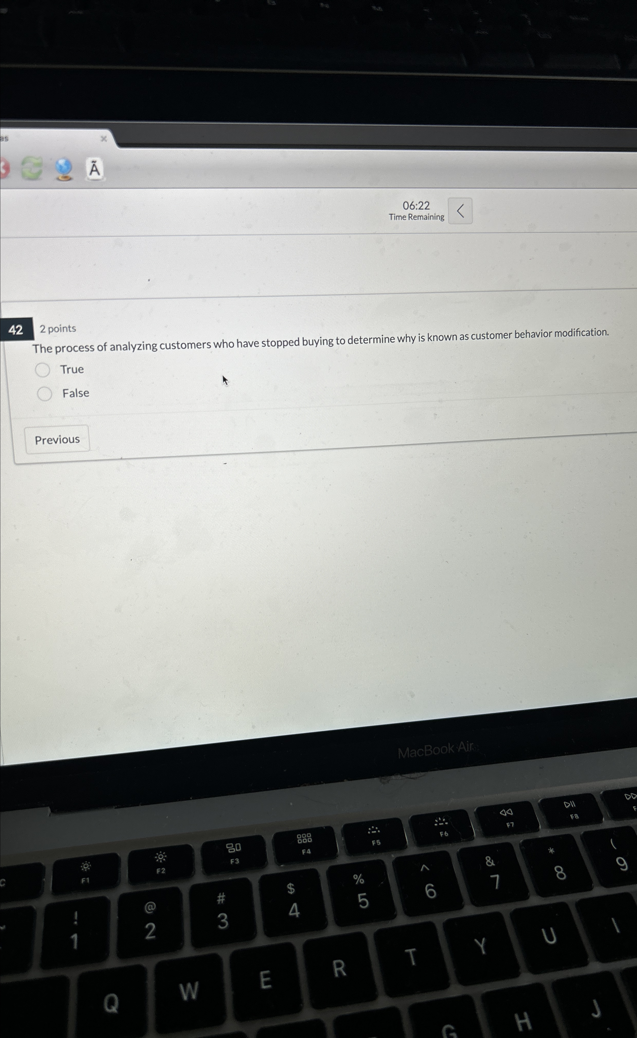  06:22 Time Remaining 42 2 points The process of analyzing customers