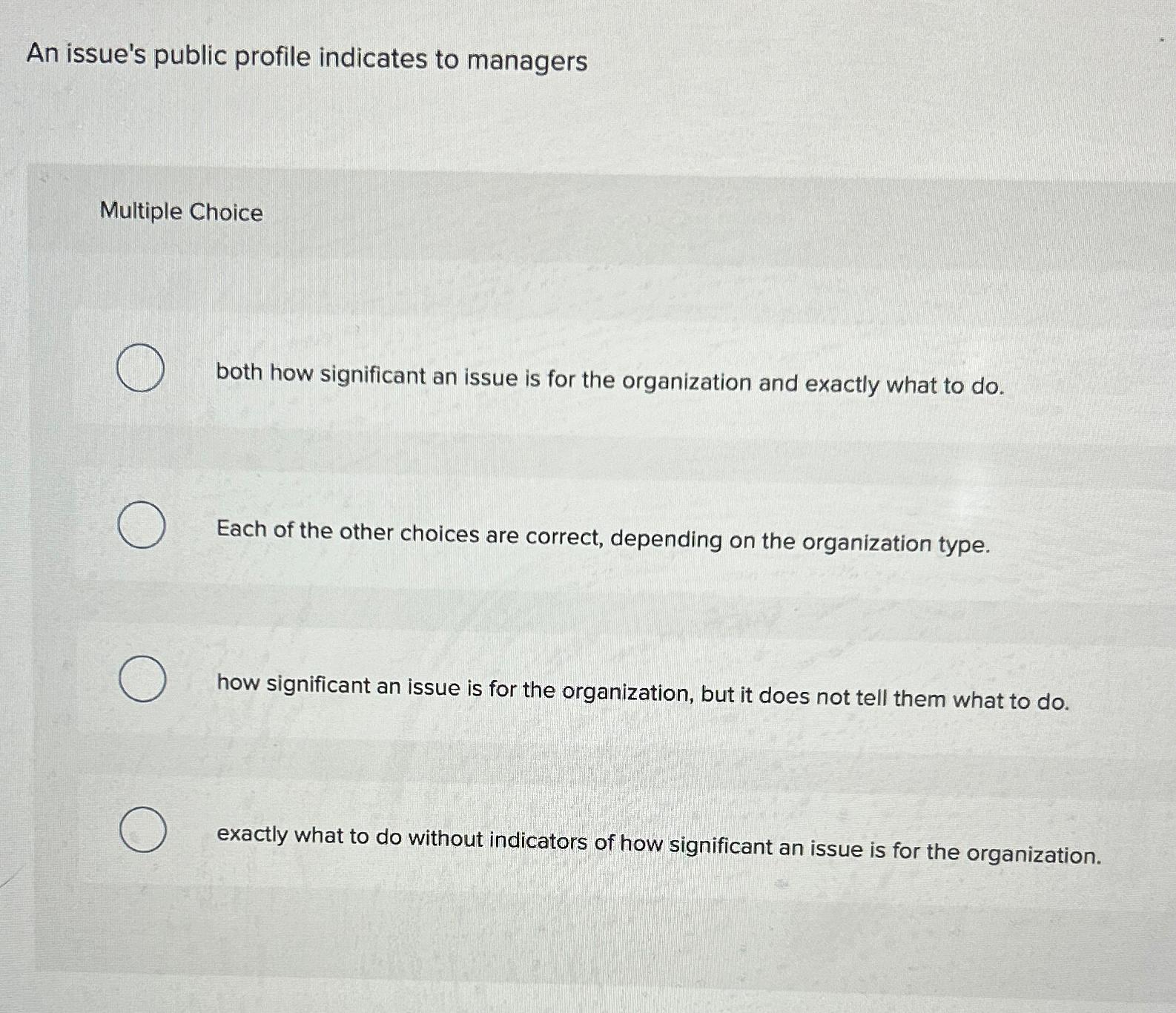  An issue's public profile indicates to managers Multiple Choice both how