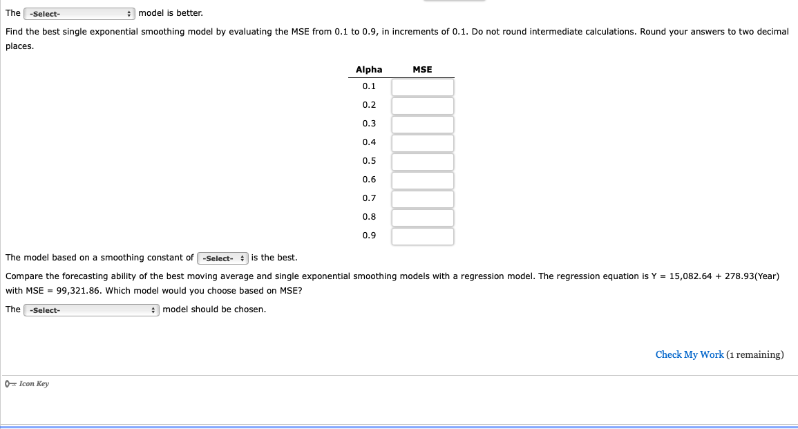 the best moving average and exponential smoothing models. \begin{tabular}{cc} Year & Energy