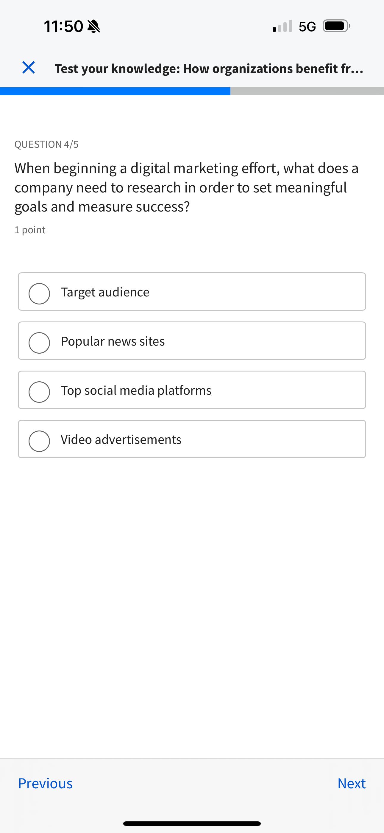  11:50 .5G Test your knowledge: How organizations benefit fr... QUESTION 4/5