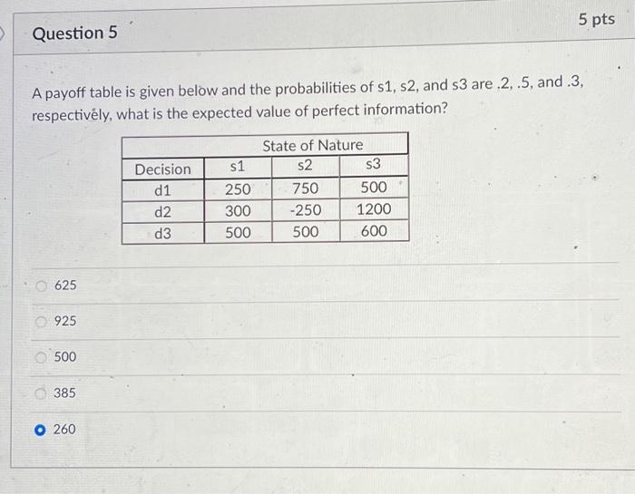  Question 5 A payoff table is given below and the probabilities
