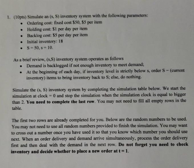  1. (10pts) Simulate an (s, S) inventory system with the following
