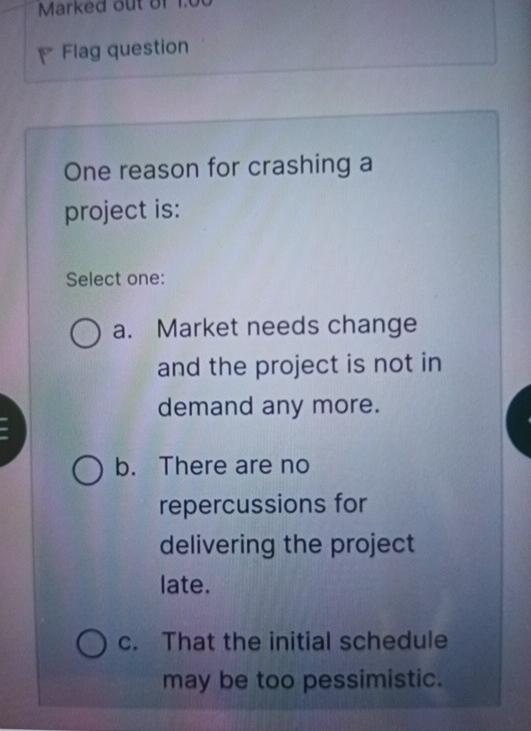  Flag question One reason for crashing a project is: Select one: