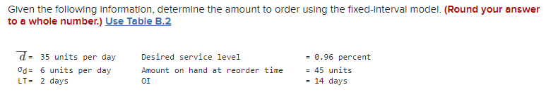Given the following information, determine the amount to order using the