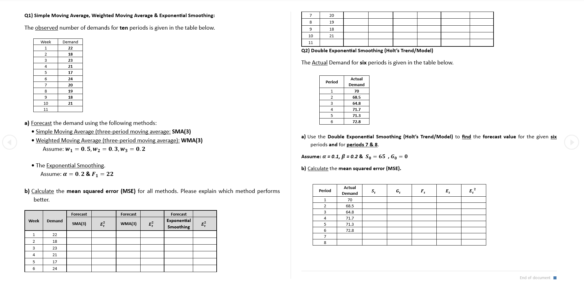  Q1) Simple Moving Average, Weighted Moving Average \& Exponential Smoothing: The