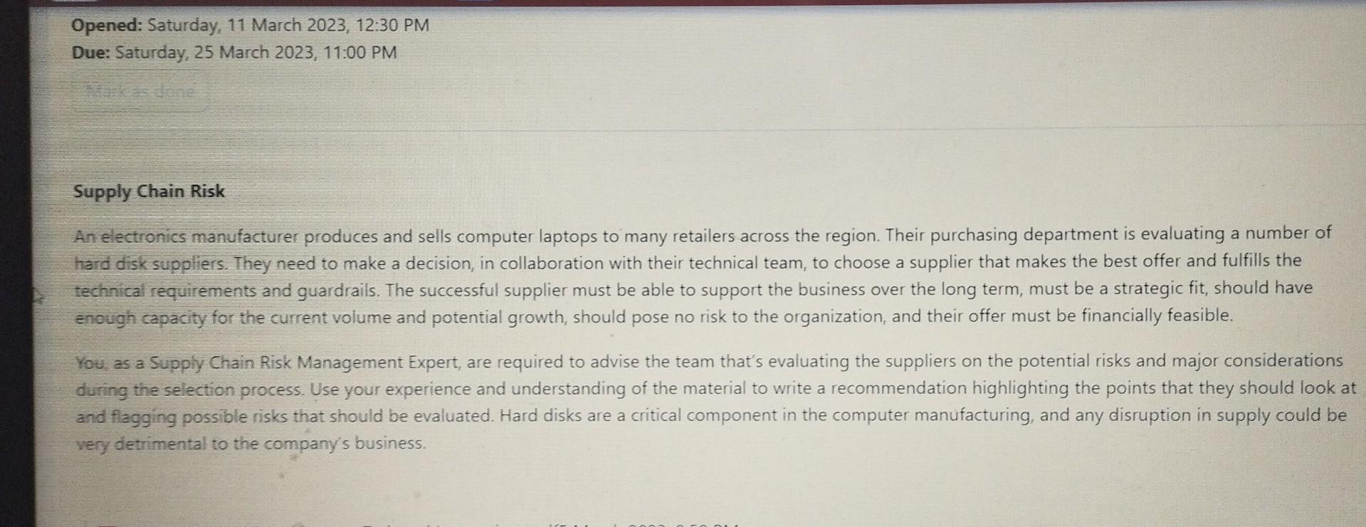 I need an answer to this Supply Chain Risk An electronics